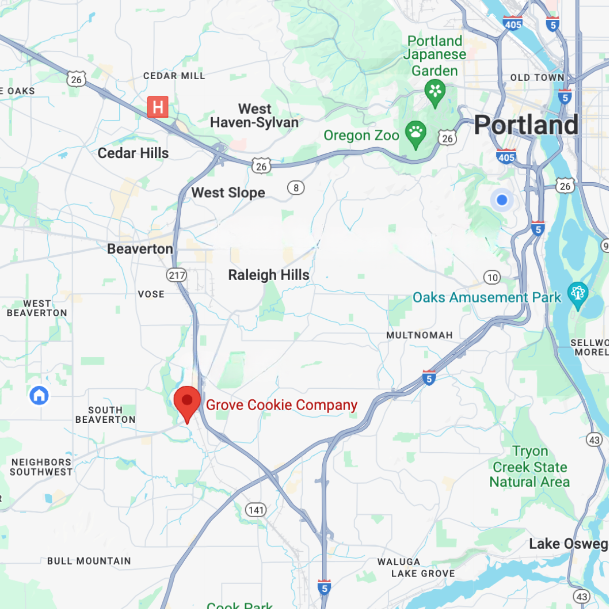 Map of portland, oregon showing where Grove Cookie Company is located